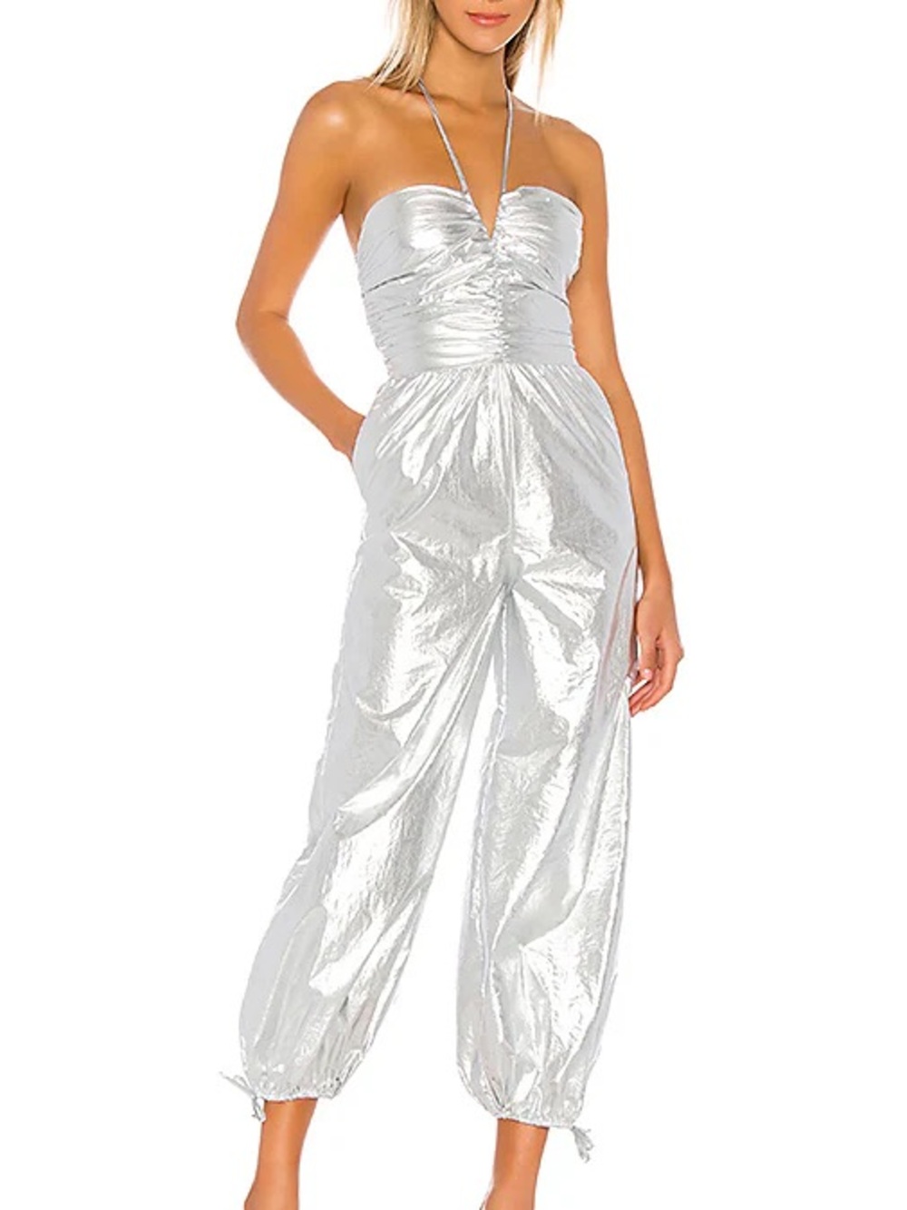Lovers + Friends Metallic Strapless Silver Halter Jumpsuit